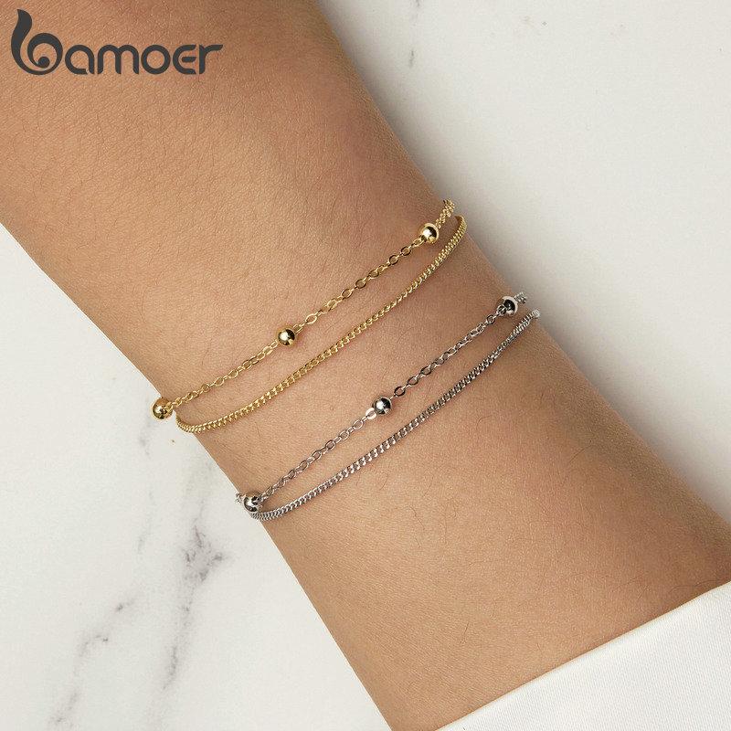 BAMOER 925 Silver Chain Bracelet Double Layers Round Beads Link Chain Bracelets Women 7.48'' Adjustable 14K Gold Plated Jewelry