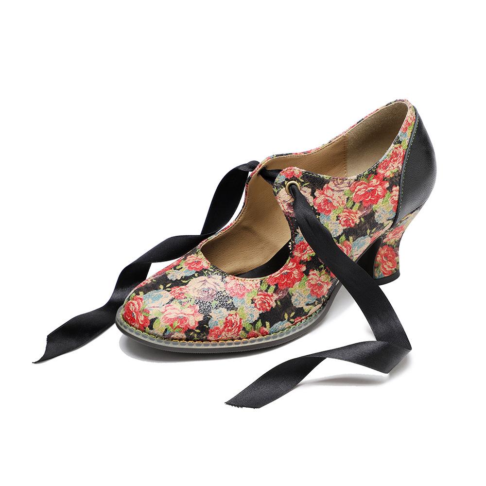 Johnature Dames Schoenen Zoete Print Pumps Vintage Landelijke Bloemige Kant Strik Dames Middelhoge Hak Schoenen
