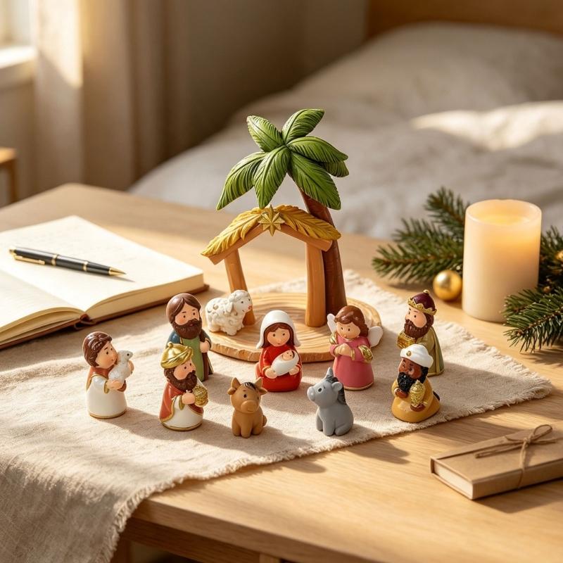 Christmas Cartoon Nativity Scene Miniature Figurines Set Resin Manger Scene Statues Ornaments for Home Decoration Collectible Gift