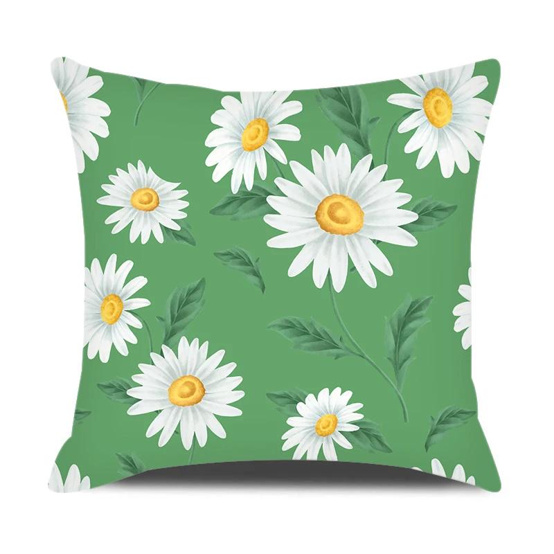 Summer Home Decor Cushion Cover 45x45cm Pillow Case for Sofa Car Green Yellow Plaid Pillowcase Daisy Flower Printed Pillow Cover