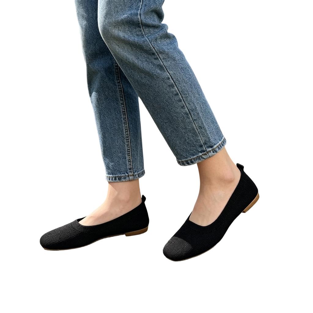 Women's Plus Size Breathable Flyknit Casual Round Toe Slip On Flats Lightweight Flexible Sole Comfortable Walking Shoes