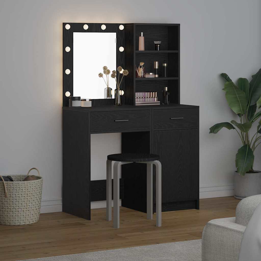 Makeup Table Set with LED Mirror and Shelf 2 pcs Black Oak Effect