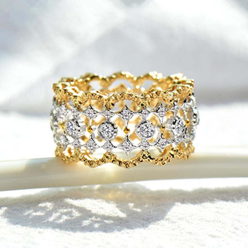 Huitan Gorgeous Hollow-out Design Ring Lady Luxury Wedding Band Fashion Two-tone Style Finger Jewelry Shiny Zirconia Accessories