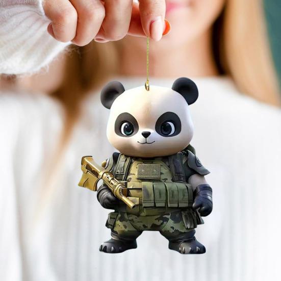 Panda Christmas Ornament 2D Acrylic Cartoon Panda Christmas Tree Hanging Ornament Cute Car Interior Accessories for Car Rear View Mirror Xmas