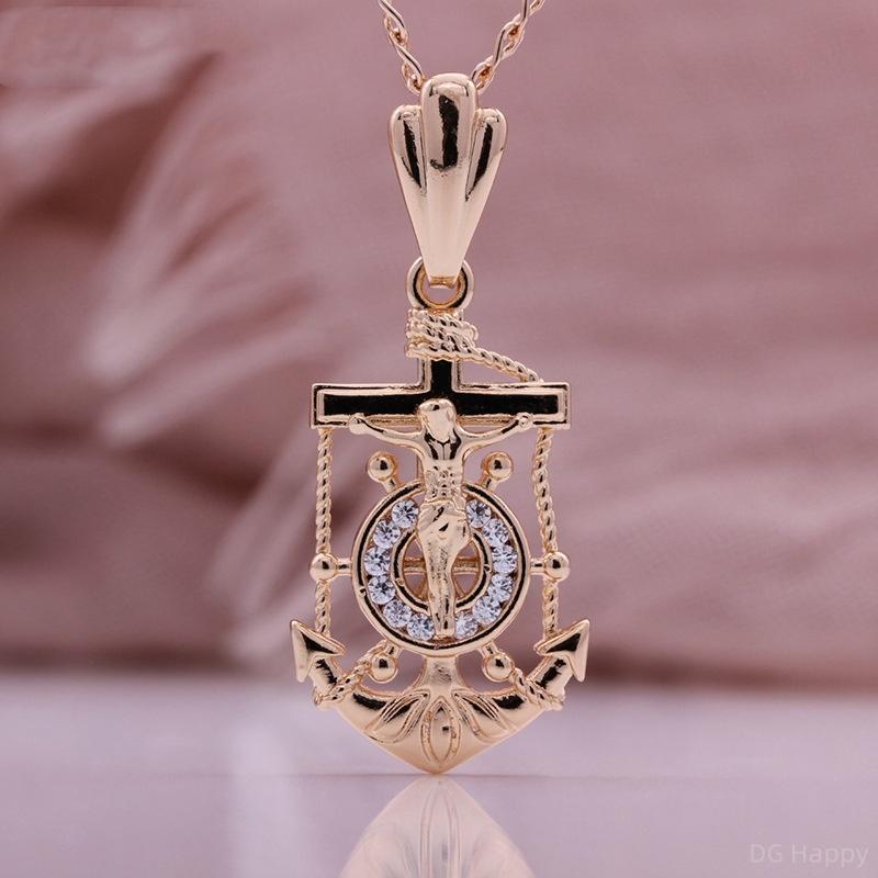 Fashion Hollowed Out Creative Boat Anchor Pendant Necklace Artificial Zircon Rose Gold Color Italian Craft Retro Style Necklace