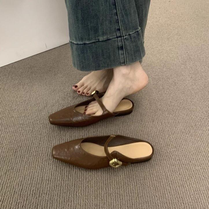 Retro one-word buckle with bag head and half slippers for women wearing lazy people with one foot pedal flat-soled Muller shoes