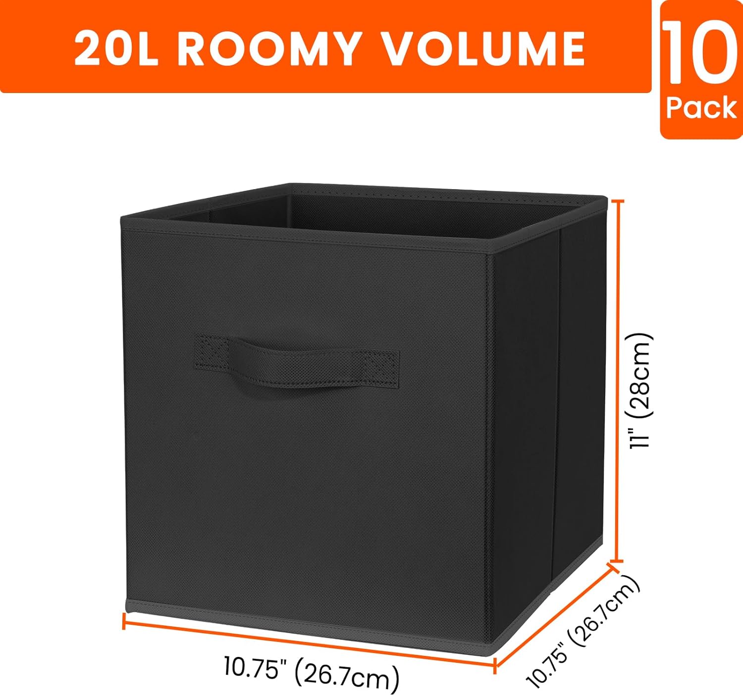 11 Inch Fabric Storage Cubes (10 Pack), Collapsible Bins with Handles, Closet & Dorm Organization, Black United States