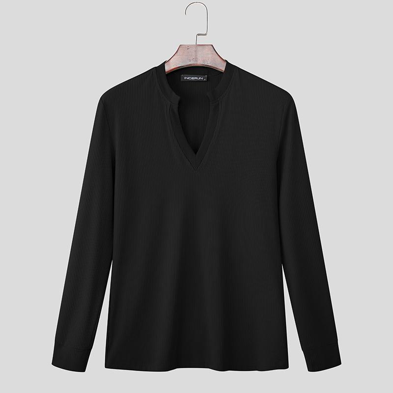 

INCERUN Осень Весна Мужские однотонные топы пуловеры с длинным рукавом, в рубчик, свободного кроя M