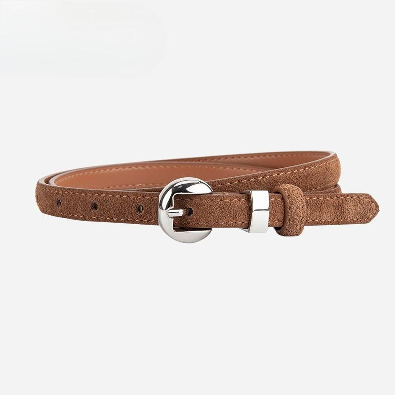 Retro Popular Genuine Leather Women's Fine Belt Matte Silver Pin Buckle High-end Jeans with Accessories for Women's Belt