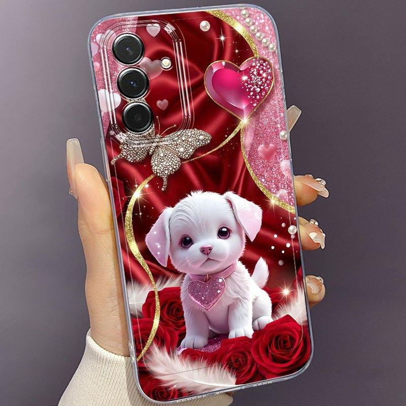Red Rose Cute Puppy Pattern Phone Case for Samsung Galaxy S26 S25 S24 S23 S22 S21 S20 fe/plus/Ultra Anti Drop Transparent