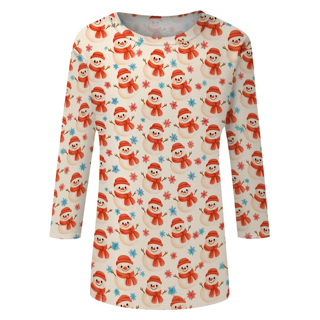 Women's Casual Christmas Printed Three-Quarter Sleeve Neck T-Shirt Tee Top