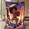 Girl on Crescent Moon with Roses Theme blanket Lightweight Warm Flannel Blanket Decorative Throw Blanket for Home Decoration