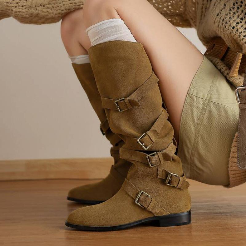 New Women's Martin Boots Stacked Leather Versatile Large Size Women's Boots Sleeve Round Head Cowhide Comfortable Soft-soled High Boots