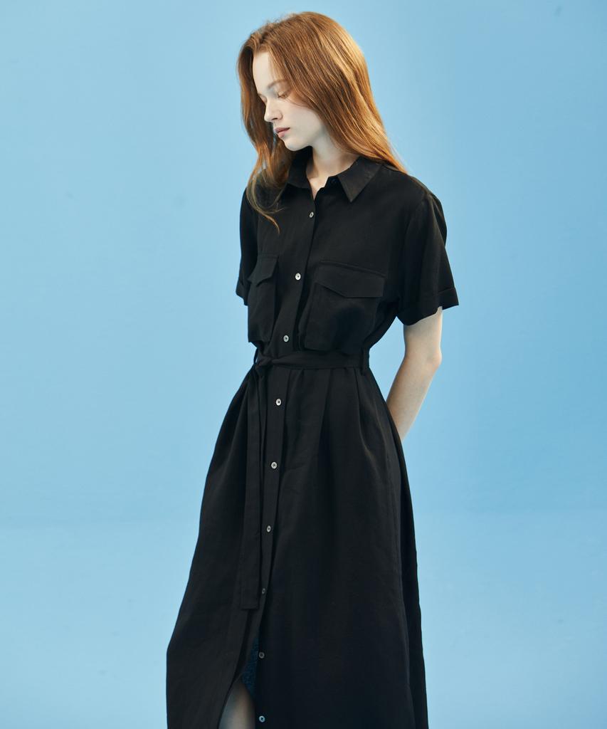 MANAVIS7 Linen Pocket Shirt Dress [Black]