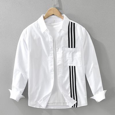 Korean Fashion Men Long Sleeve Shirt Street Style Stripes Patchwork Shirt Spring and Autumn Pure Cotton Casual Tops Youth White Shirt