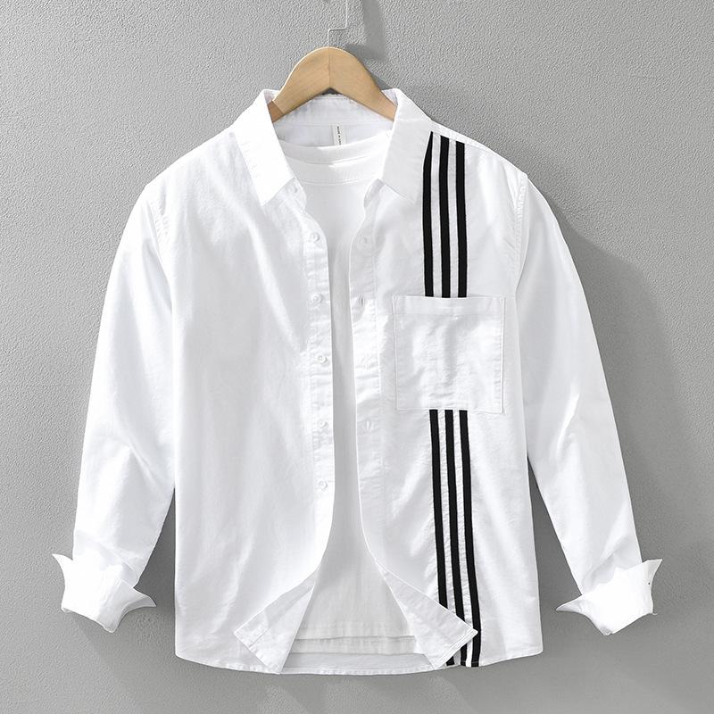 Korean Fashion Men Long Sleeve Shirt Street Style Stripes Patchwork Shirt Spring and Autumn Pure Cotton Casual Tops Youth White Shirt