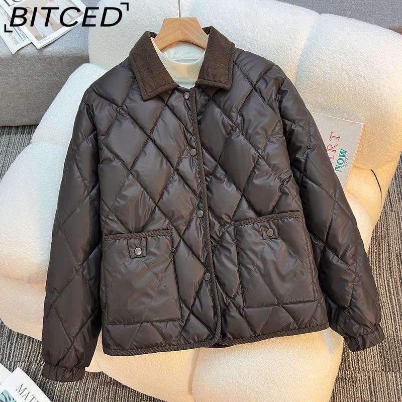 

BITCED Soft Sheepskin Winter Diamond-Quilted Cotton Jacket Short Fit Loose Collar Cotton Coat for Women XL темно-коричневого