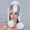 Winter Nerzfellmütze für Damen Echte Fellstreifen Gestrickte Beanie mit Fuchsfell-Bommel Ohrenklappenmützen Mit Ohrenschützern