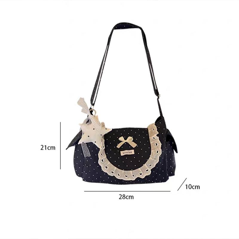 Korean Polka Dot Shoulder Bag Cute Bow Lace Trim Crossbody Bag Nylon Multi-pocket Large Capacity Student Commuter Bag