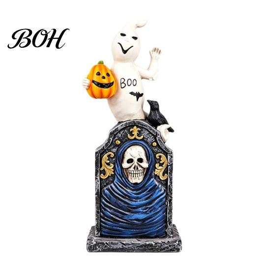 Compact Window Display Items Halloween Tombstone Figurine, Resin Ghost Pumpkin Crow on Retro Haunted House Props Statue for Desktop Holiday