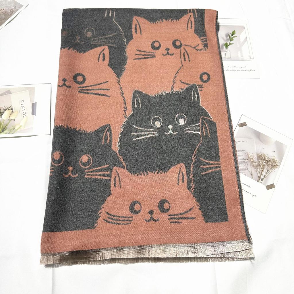 New All match Cute Cat Pattern Autumn and Winter Scarf for Women Winter Warm and Thickened Air Conditioned Shawl