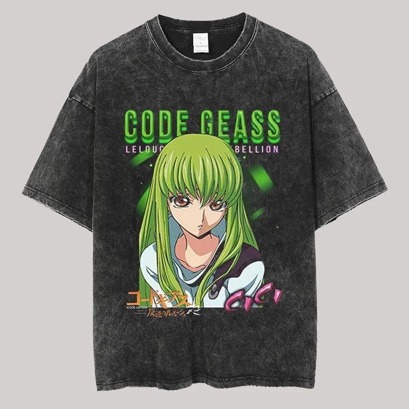 Japan Classic Anime Code Geass Vintage Washed Graphic Print Tshirt Oversized Harajuku Casual Wome Men CottonTee Summer New Tops
