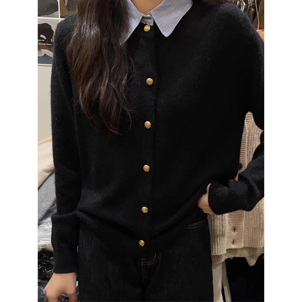 Korean version of gentle wind and thin temperament sweater jacket women's autumn and winter design shirt collar splicing knitted cardigan women