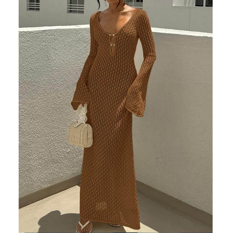 Stile Europeo e Americano Donna Estate Nuovo Texture Bucherellata Scollo a V Fibbia Rotonda Manica Lunga Vacanza Abito Lungo Spiaggia Protezione Solare Scollo a Laccio Gonna Lunga