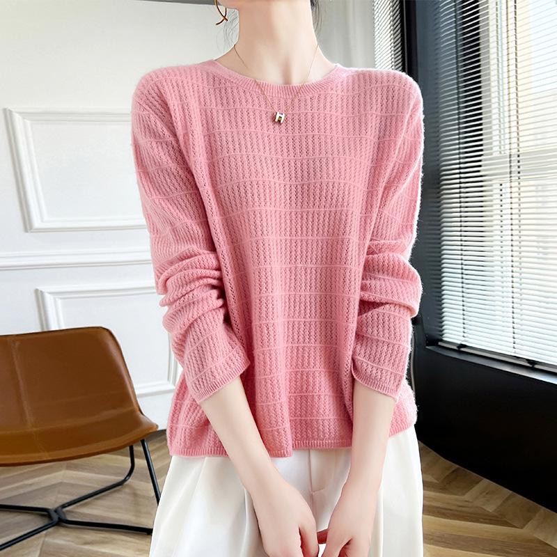 Women's Pure Wool Knit Cashmere Sweater - Round Neck, Hollow Design, Loose Fit, Slimming Pullover for Autumn and Winter