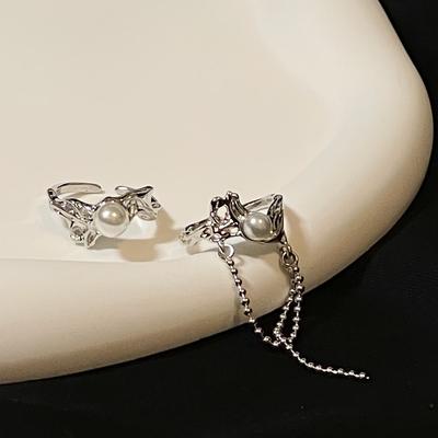 Nischen Design Kaltwind Kette Perle Unregelmäßig Französisch Offen Ring Weiblich Persönlichkeit Dunkler Wind Ring