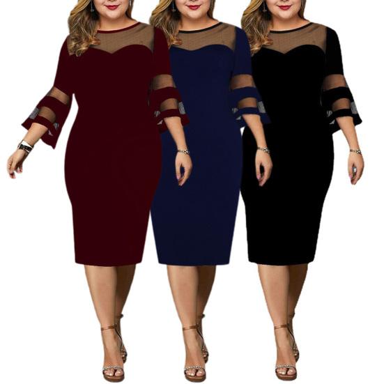 Women Dress Flare Sleeve Plus Size Autumn Winter Pure Color Slim Midi Dress for Wedding