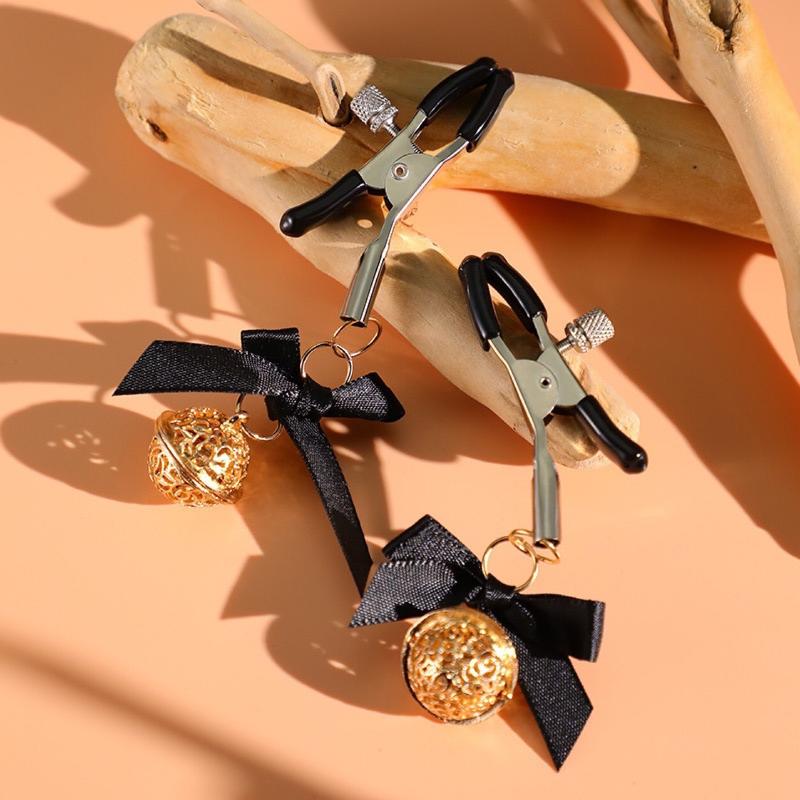 1 Pair Adjustable Nipple Clamps With Black Bow And Hollow Golden Bell Perfect For Couple Intimate Play Bedroom Cosplay SM Games