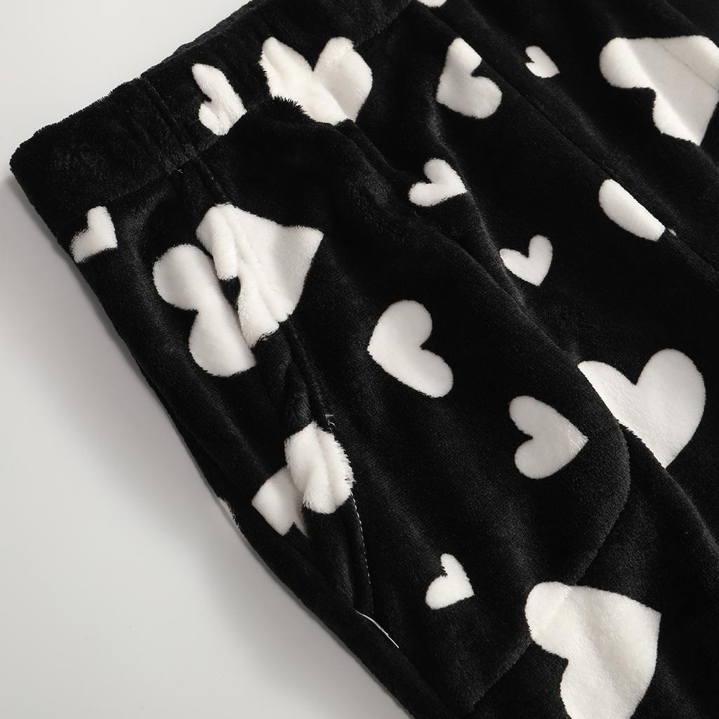 Damen Pyjamahose Plüsch Schlafhose Weiche Elastische Taille Pyjamaunterteil Gemusterte Hose Mit 2 Taschen