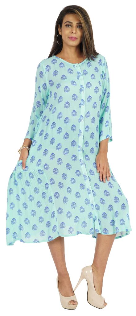 Bimba Printed Flared Midi Dress For Women Rayon Crepe Casual Summer Dress
