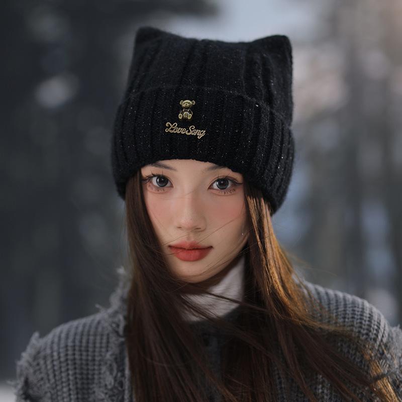New Cute Kitten Ears Knitted Wool Hat Women's Autumn and Winter Ear Protection Warm Hat