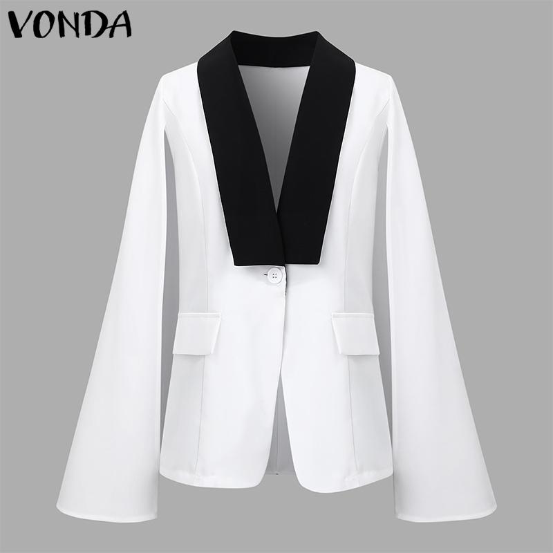 VONDA Dámské módní kontrastní barevné sako s dlouhým rukávem a výstřihem do V