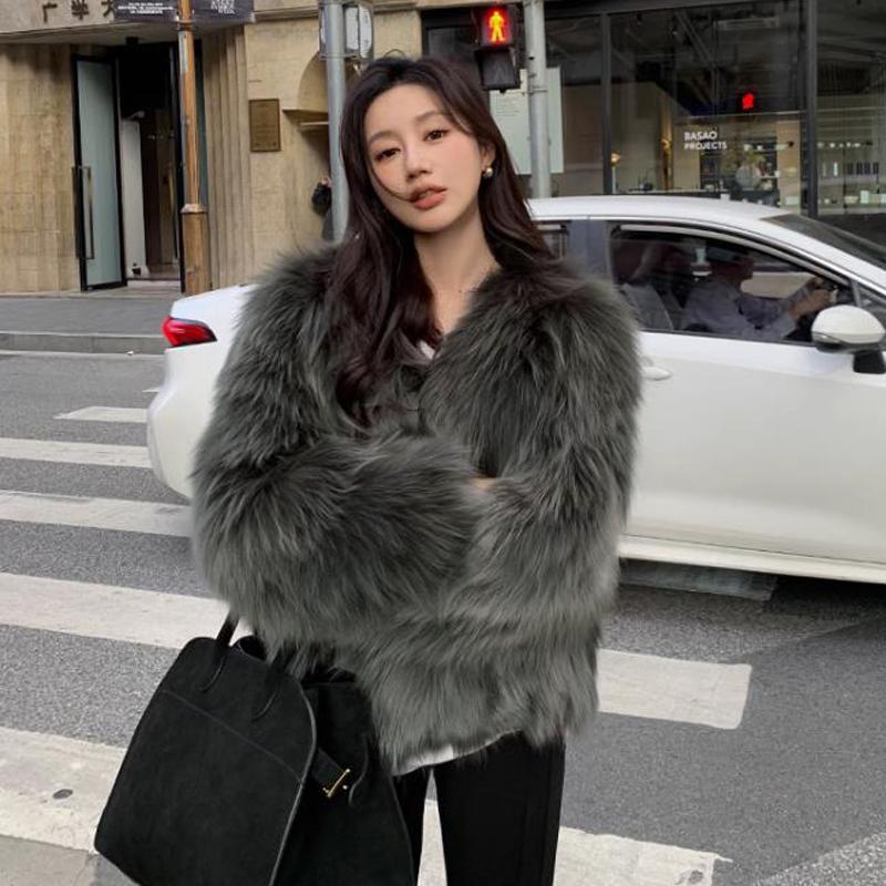 Autumn Long Sleeve Loose Plush Fox Fur Coats Women Fashion Soft Warm Short Winter Jackets Women Tops Solid Elegant Street Loose Lady Jacket Coat 25878