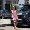 European and American Summer Bright Pink Neck V-neck Dress Slim Lace Pure Desire Short Skirt A-shaped Skirt