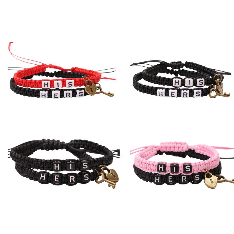 Trendy HIS HERS Couple Bracelet with Lock & Key Pendant and Woven Lanyard