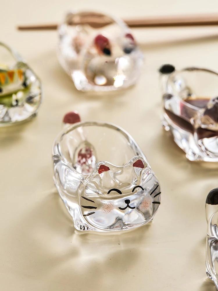 Creative Kitty Dip Dish Crystal Glass Tomato Salad Soy Sauce Vinegar Dry Dish Cartoon Home Snack Small Plate Chopsticks Holder
