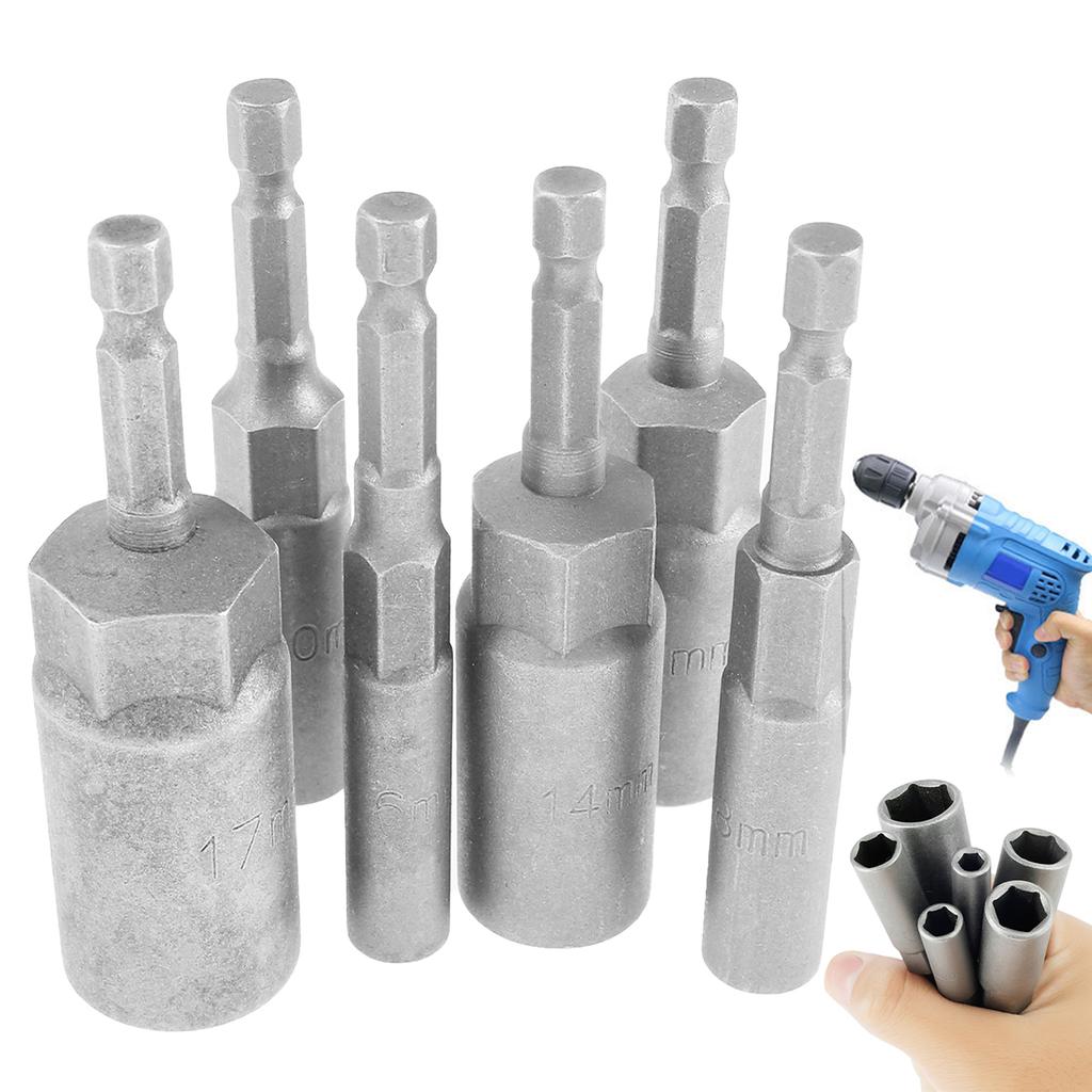 6Pcs Socket Adapter Set Extra Deep 1/4 Inch Hex Shank Nut Impact Driver Socket Adapter Quick Change Size 6/8/10/12/14/17mm