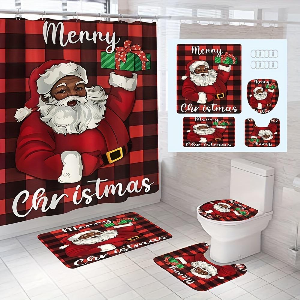Navidad Merry Christmas Tree Shower Curtain Set Waterproof Polyester Xmas Bath Curtain and Toilet Floor Mat with Free 12 Hooks