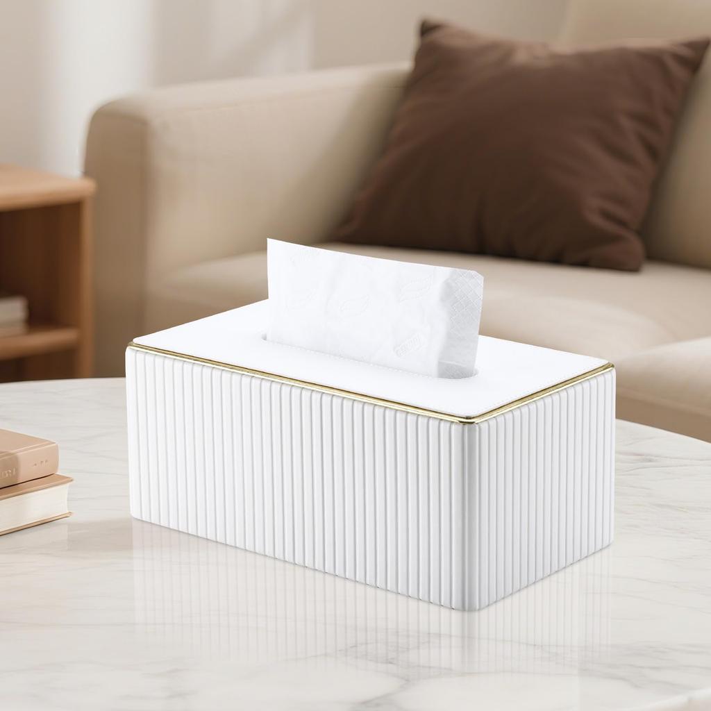 Richblue Tissue Case/Box, PU Leather, Gold Border, Vertical Stripes, Stylish, Luxury Tissue Case/Box for Living Room (White)