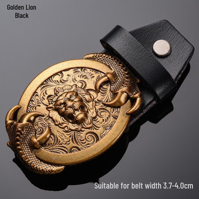 Tiger Head Alloy Western Cowboy Leather Belt with Smooth Buckle