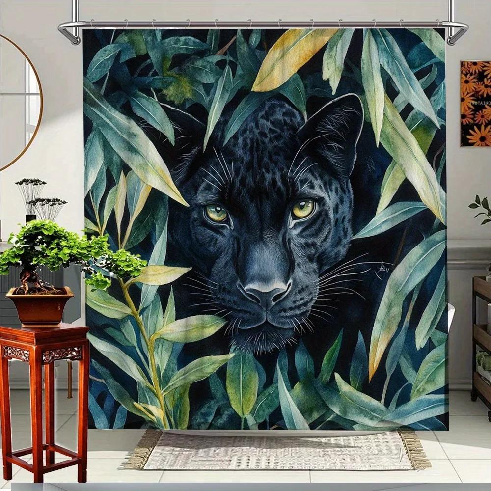 ~O~1pc Black Panther Jungle Shower Curtain with Green Leaves - Bold Exotic Bathroom Decor, 70.8x70.8 Inches, Machine Washable Fa