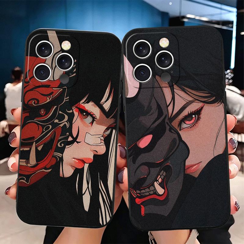 Japanese Oni Mask Girl Soft Phone Case for iPhone 16 16E 17 Air 15 Pro Max 14 Plus 13 Mini 11 12 7 Black Cover Back Shell