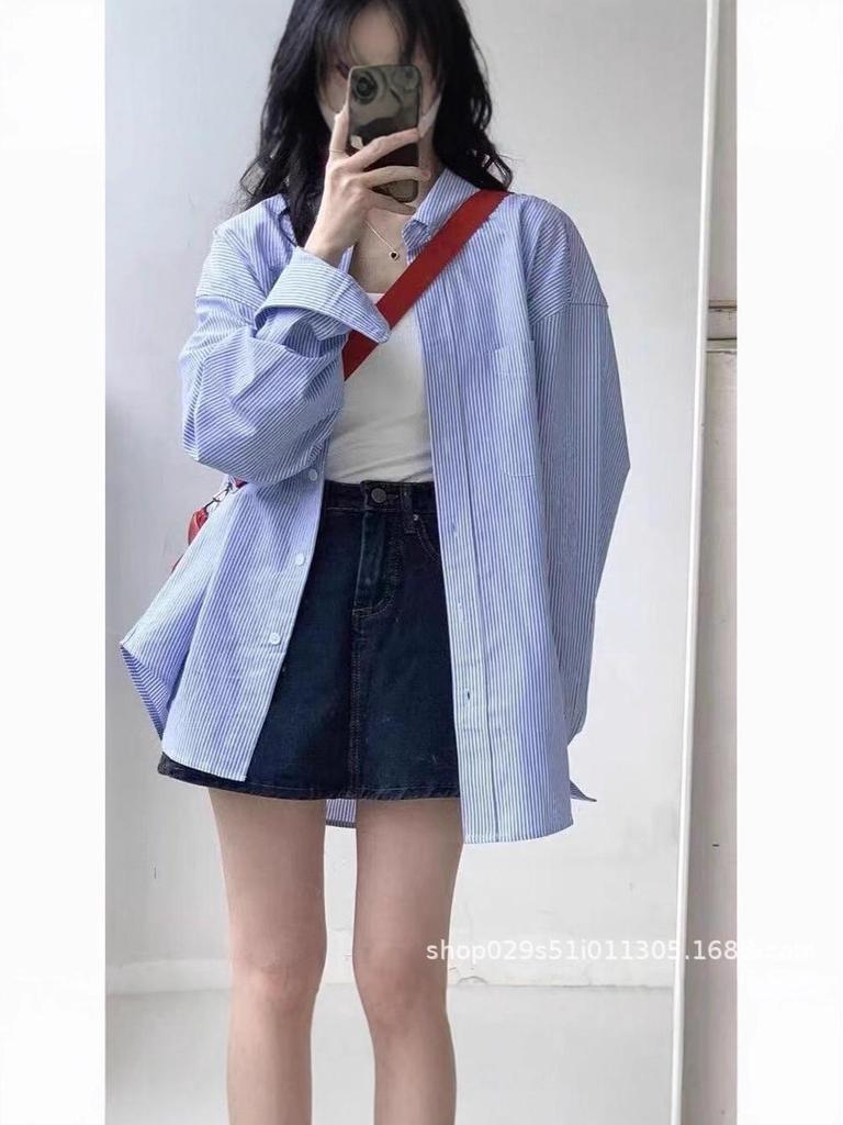 2025 Summer Striped Blue Boyfriend Long-Sleeve Shirt: Loose, Versatile Sun Protection Jacket