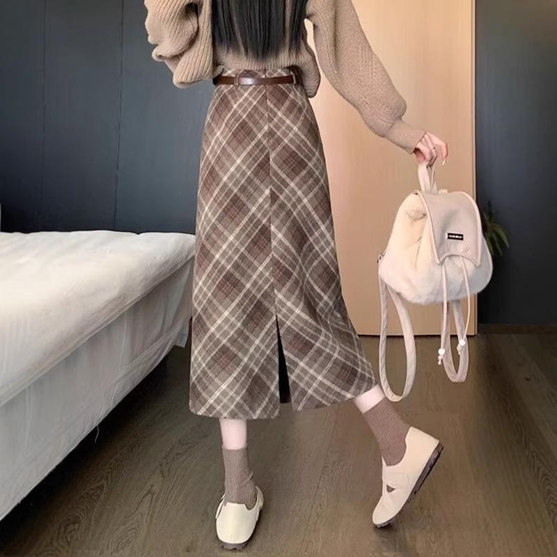 Classic plaid knit midi skirt high-waisted A-line, Fall/Spring, women's clothing.