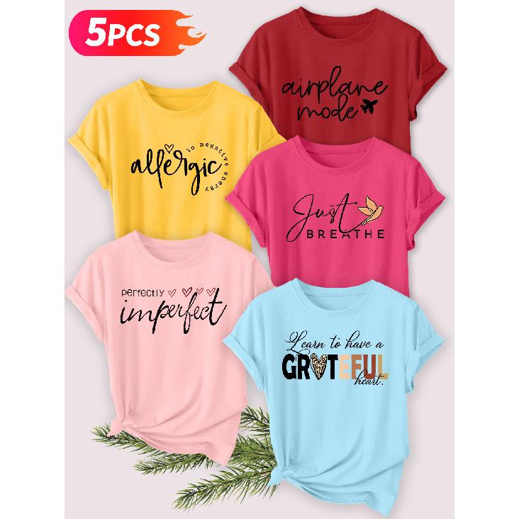 Five-piece set Elegant short-sleeved shirt for women Healing English short-sleeve women's t-shirt with heart leopard print letter combination, round