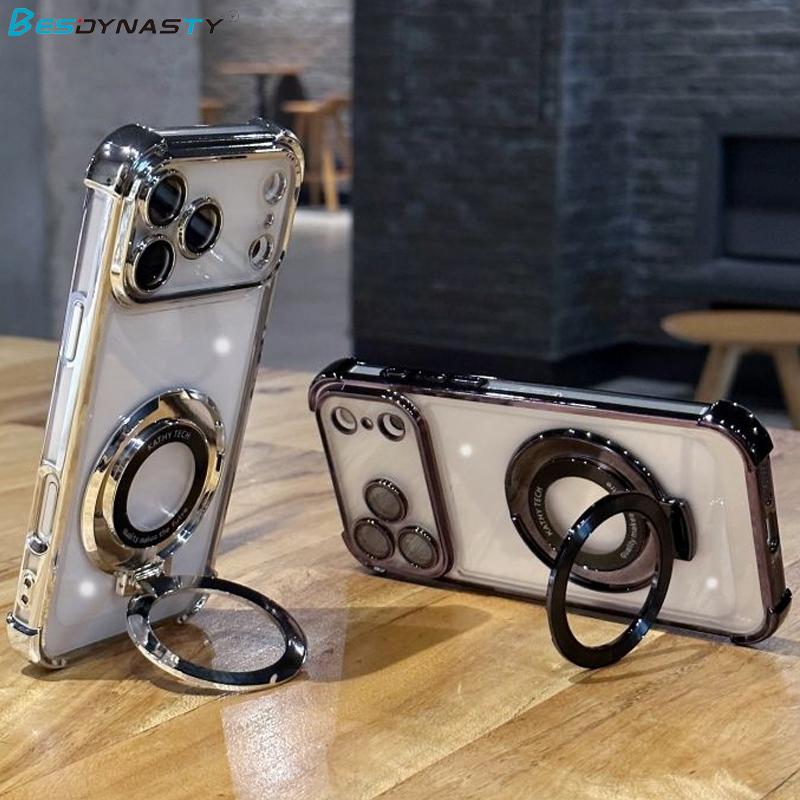 Luxury Plating Shockproof Magnetic Holder Case For iPhone 17 Air 15 16 11 12 13 14 Pro Max Plus For Magsafe With Stand Cover